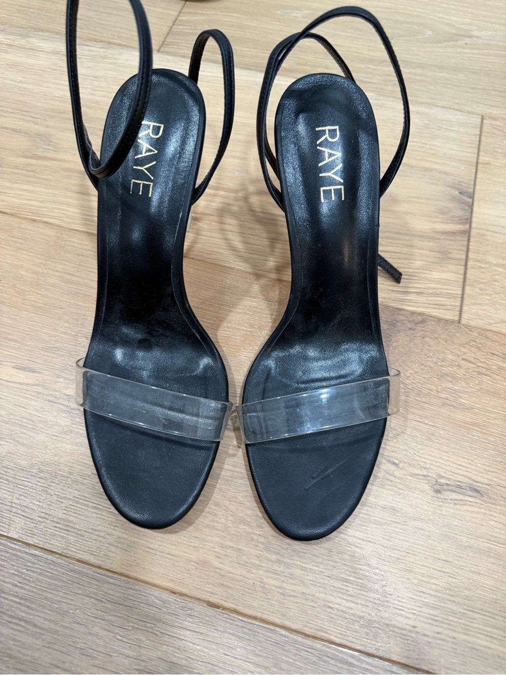 RAYE Black Heels with Clear Front Strap